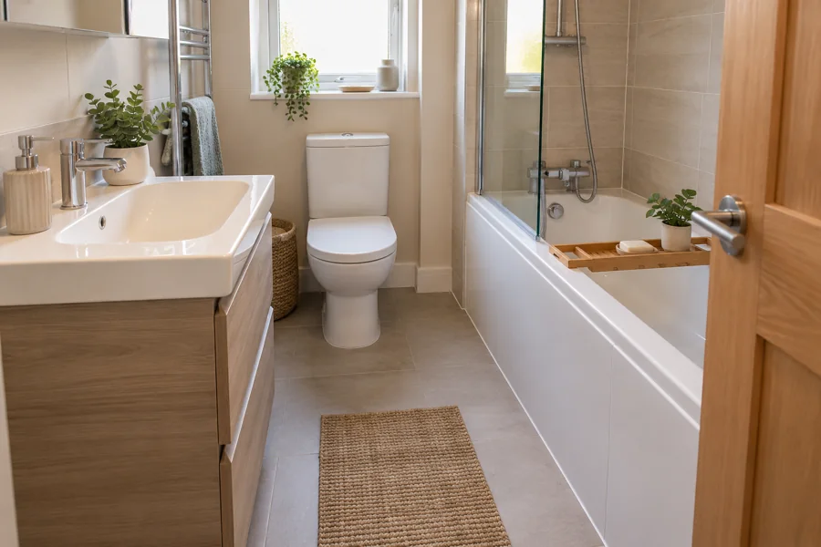 Oak drawer vanity opposite a fitted bath with a clear walkway