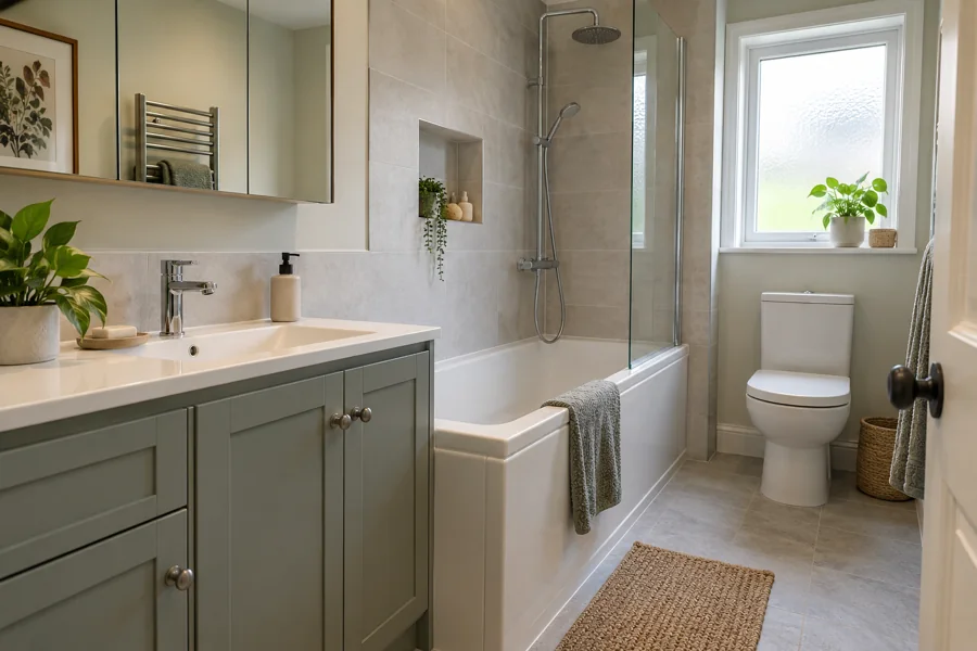 Sage vanity cupboards beside a fitted bath and mirrored storage