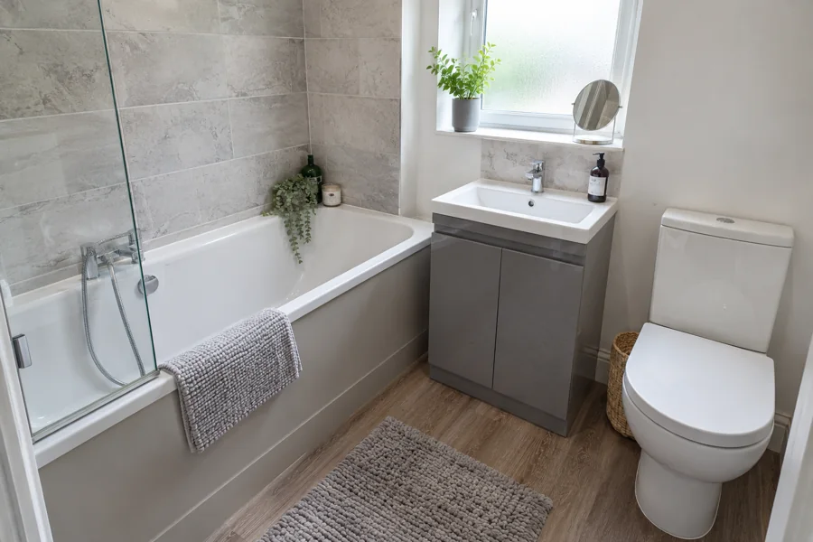 Shallow grey vanity beside a fitted bath with shower handset