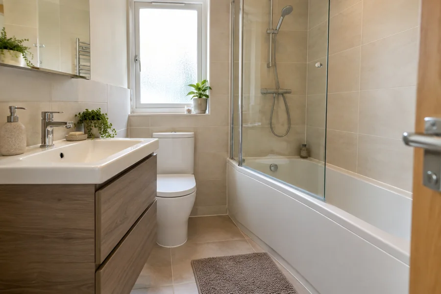 Oak drawer vanity opposite a fitted bath with shower screen