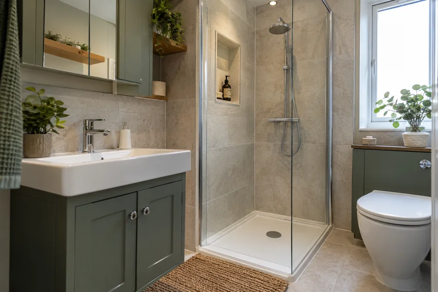 Sage vanity cupboard and enclosed shower with recessed storage